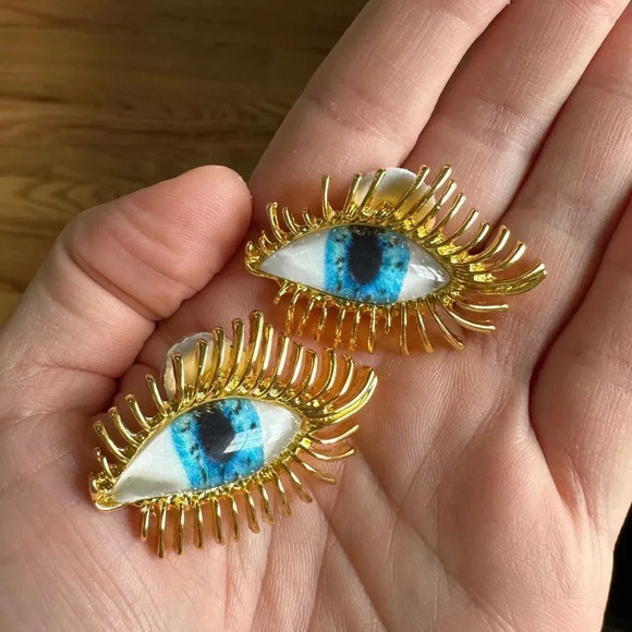 Anthropologie Gaze Blue Eyes Gold Abstract Protection Magic Earrings - Picture 9 of 9